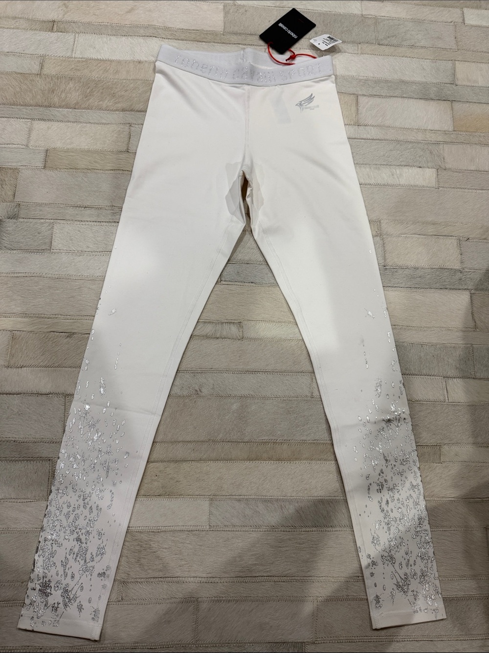 Roberto Cavalli White womens Leggings with Silver Foil Accents